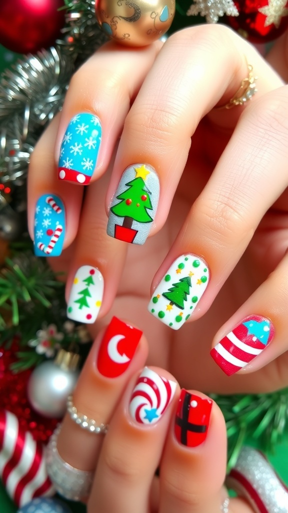 Colorful Christmas nail art designs including snowflakes, trees, and candy canes on a festive background.
